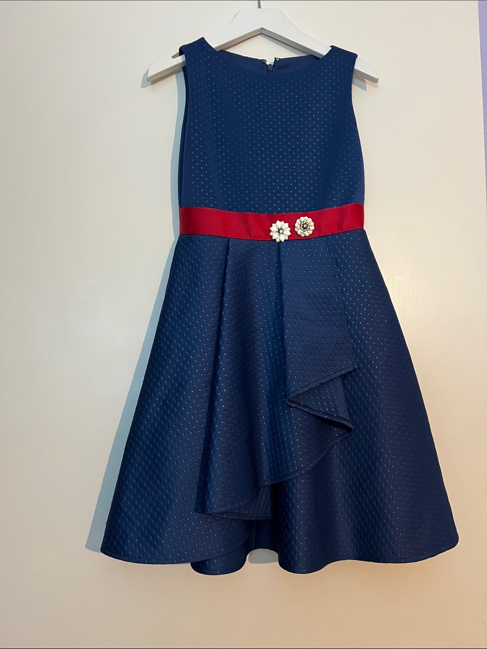 Navy and Red Girls' Formal Party Dress with Jewel Accents